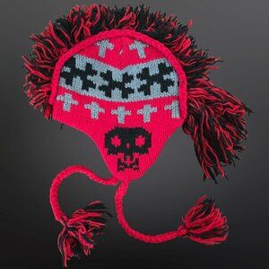 Wool Mohawk Ear Flap Hat Skulls Crosses Red Punk Grunge Adult Size Made In Nepal